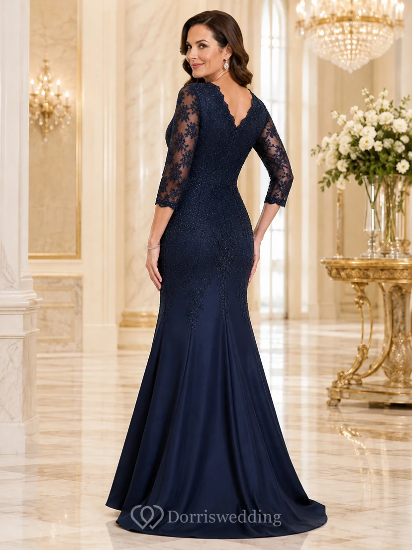 Elegante vestido de novia azul marino oscuro con escote en V, mangas ilusión, encaje y satén, corte sirena y cola larga. view 2
