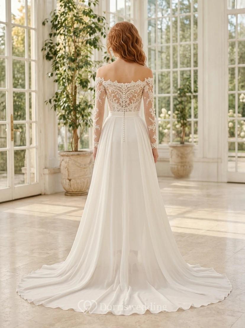 White Off-the-Shoulder Lace Bridal Jumpsuit with Tulle Train view 2