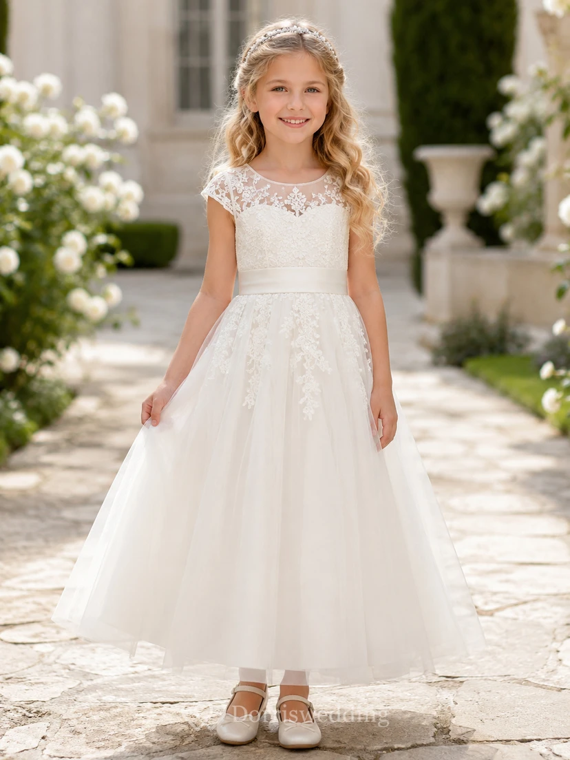 Robe de demoiselle d'honneur en dentelle ivoire et tulle, coupe trapèze, manches courtes, col rond, longueur midi
