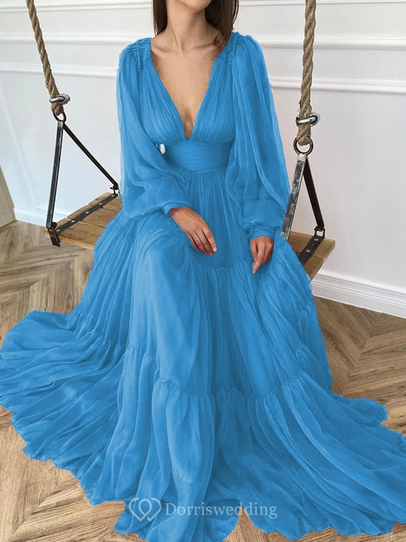 Sexy V-neck Puff Long Sleeve Chiffon Layered Empire Dress view 21