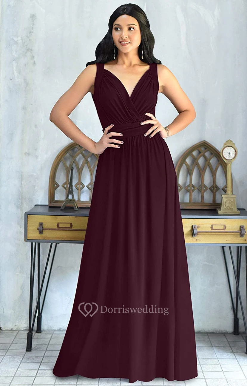 Sexy V-neck A Line Sleeveless Floor-length Chiffon Bridesmaid Dress With Ruching view 10