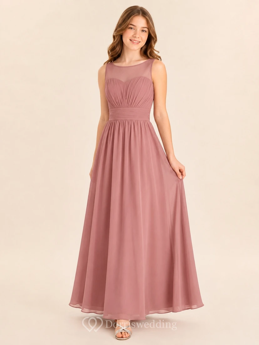 Elegantes, ärmelloses Chiffonkleid in Altrosa für junge Brautjungfern, A-Linie, eckiger Schnitt.