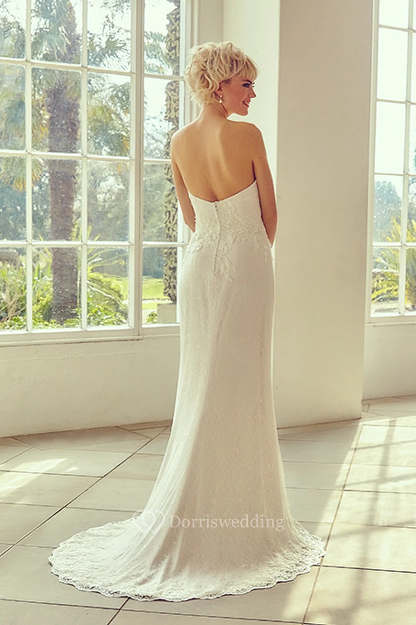 Strapless Floor-Length Appliqued Lace Wedding Dress With Brush Train view 2