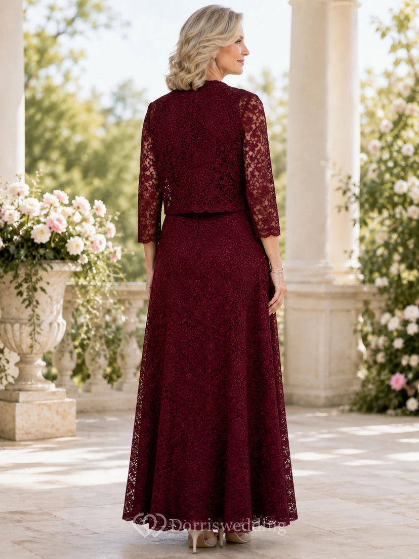 Wine Lace Floor-Length A-Line Modest Mother of the Bride Gown with Scoop Neck Three-Quarter Sleeve Jacket view 2