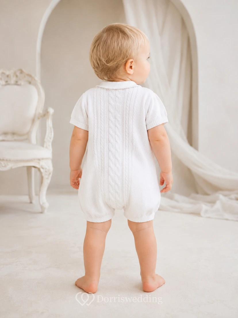 Pelele de manga corta con cuello de punto trenzado blanco para bautizo de bebé niño view 2