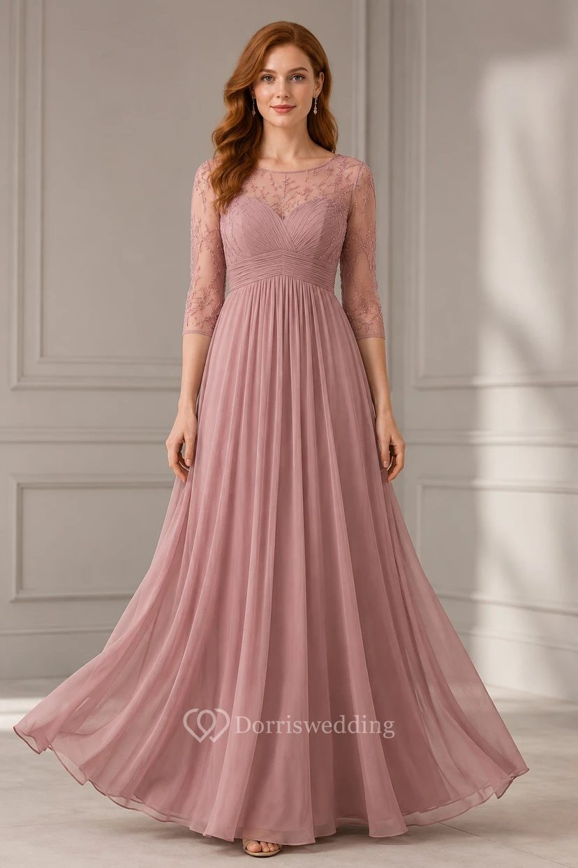Abendkleid aus altrosafarbenem Chiffon und Spitze, A-Linie, Rundhalsausschnitt, lange Ärmel, bodenlang