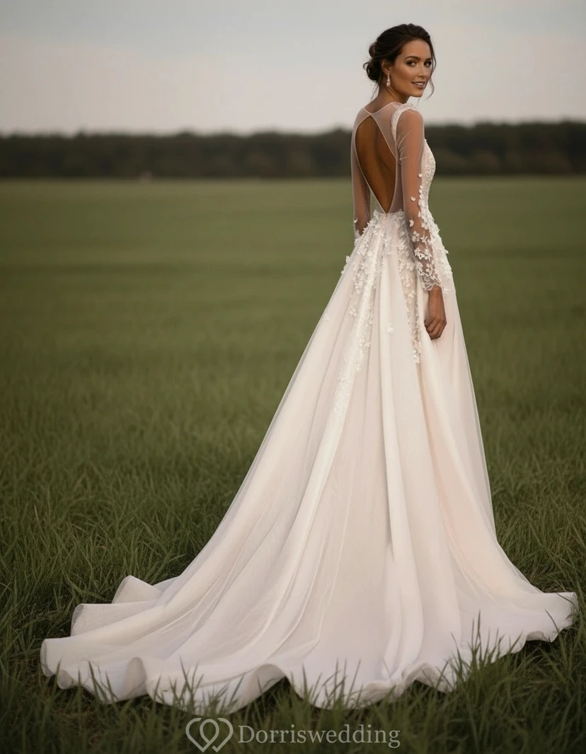 Deep V-Neck Long Sleeve Lace Tulle Ball Gown Wedding Dress view 2
