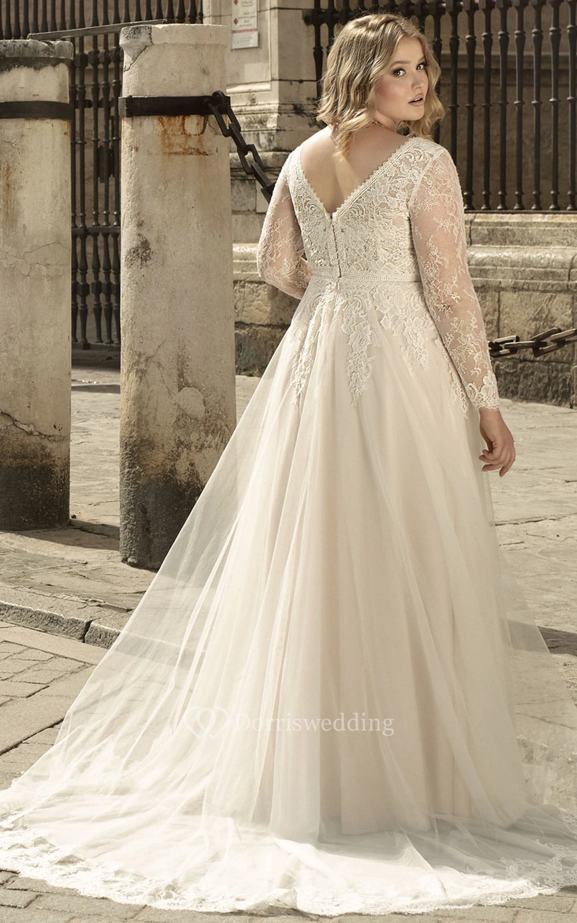 Robe de mariée trapèze à manches longues et col en V simple, ornée d'appliqués et d'une traîne. view 2