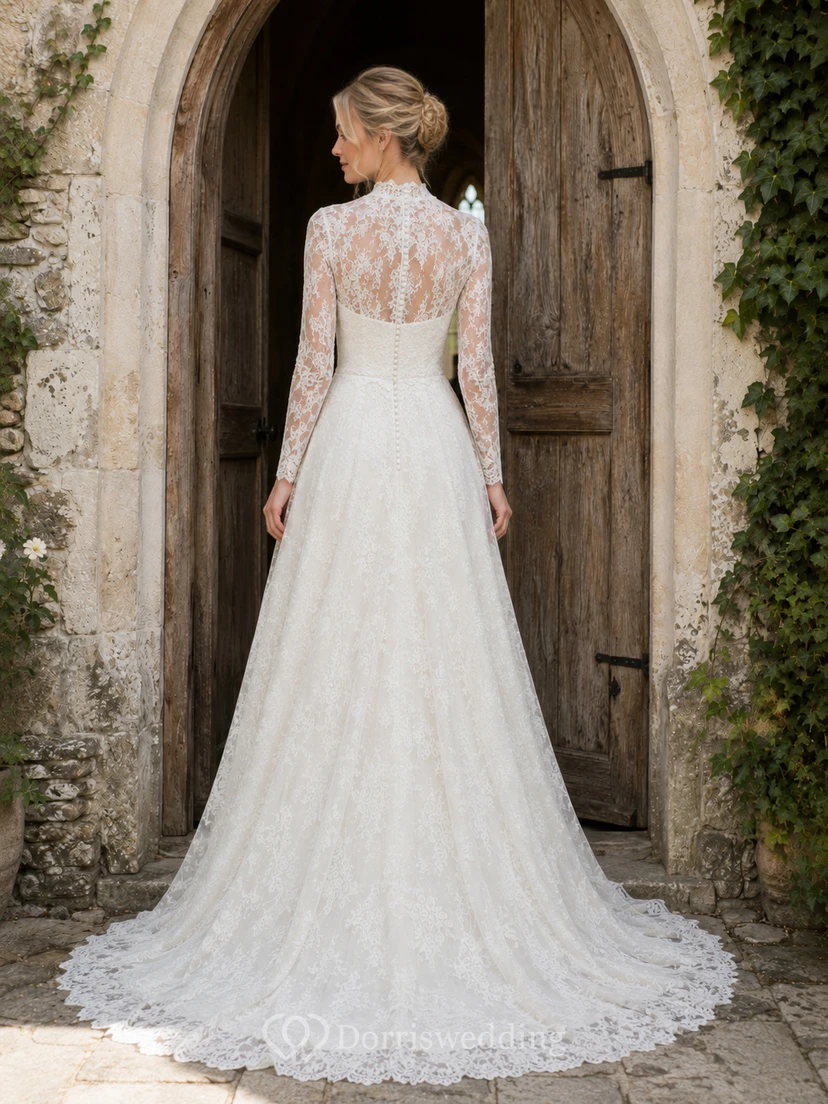 Robe de mariée vintage en dentelle, col montant, manches longues, coupe trapèze, style chapelle view 2