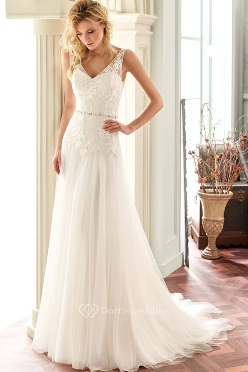 A-Line Sleeveless Floor-Length Appliqued V-Neck Lace Wedding Dress With Deep-V Back And Waist Jewellery