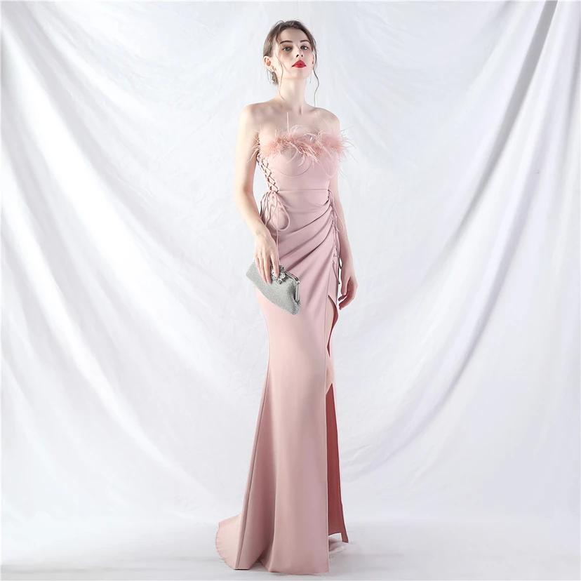 Double-Binding Waist-Shaped Ears Adjustable Satin Evening Dress view 15