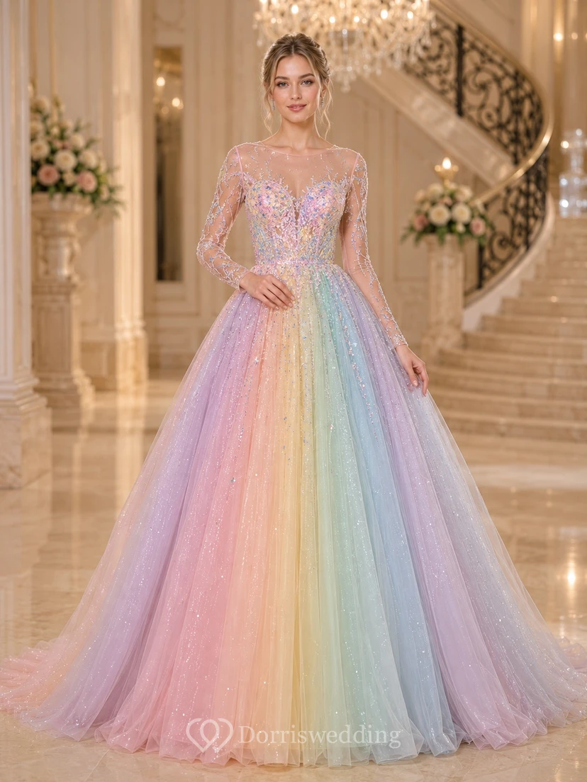 Pastel Rainbow Illusion Long Sleeve Beaded Tulle Ball Gown Floor-Length Dress