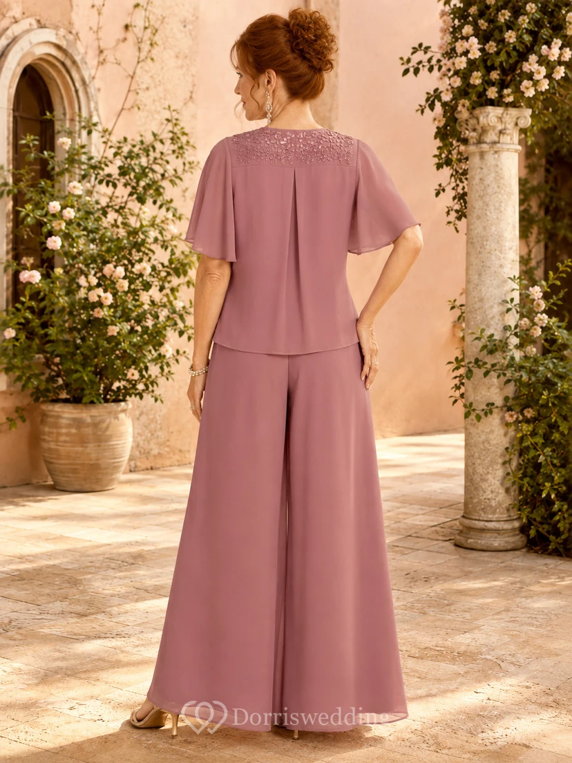 Mother Dusty Rose Chiffon Jumpsuit with Cowl Neck Flutter Cape Jacket and Wide Leg Pants view 2