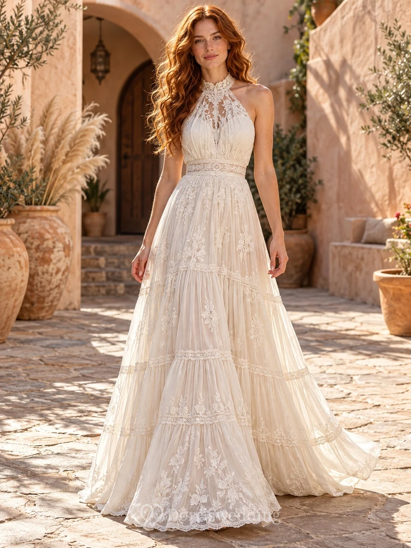 Boho-Brautkleid mit Neckholder, geometrischer Spitze, Stufenrock, ärmellos, bodenlang, A-Linie
