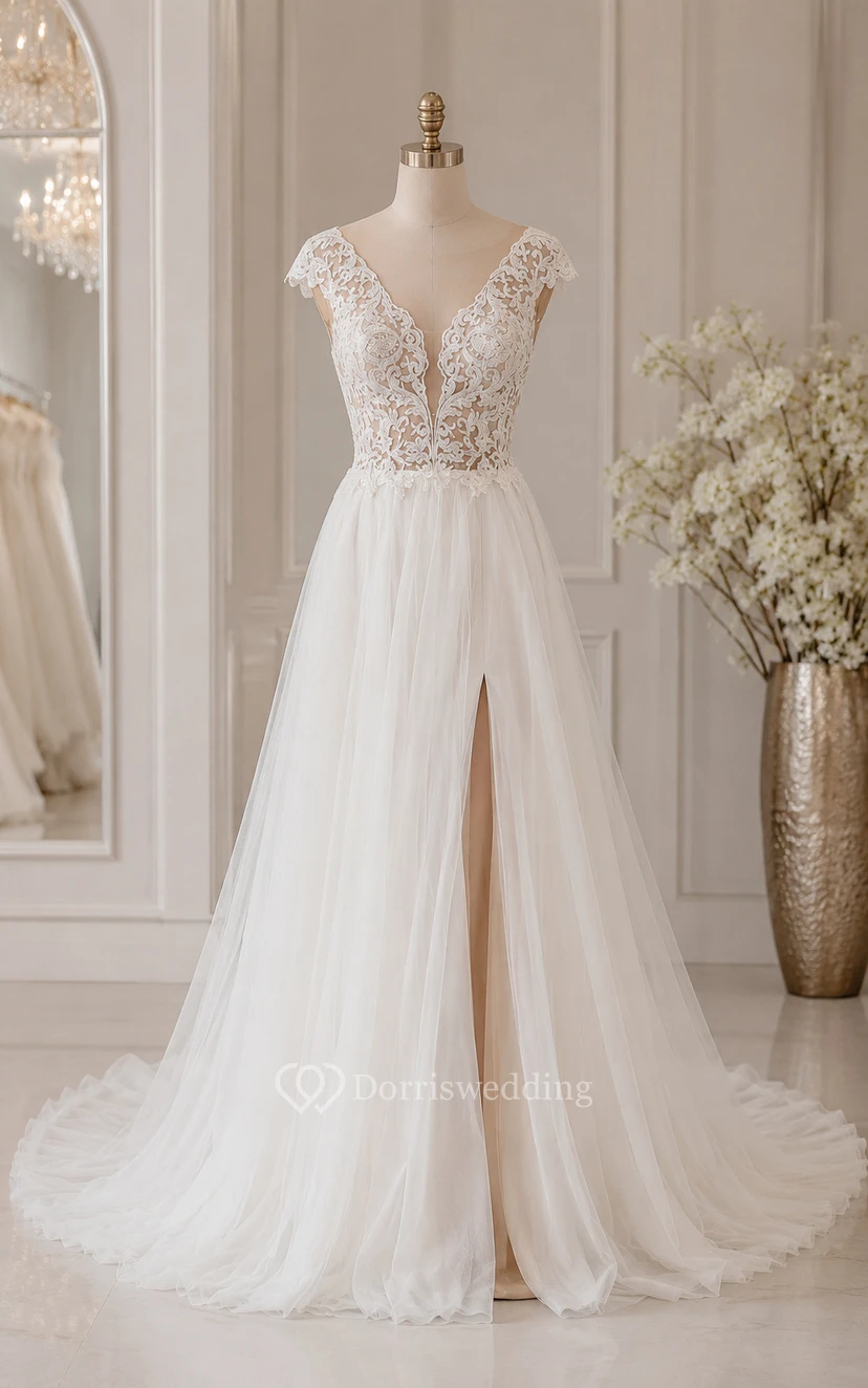 Robe de mariée blanche en dentelle, coupe trapèze, col V et fente sur le devant view 7