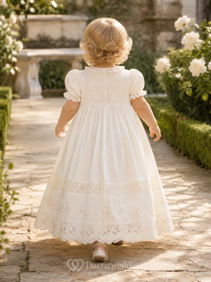 Vintage Baptism Dress A-Line Cotton Lace Jewel Neck Tea-Length Pleated Skirt view 2