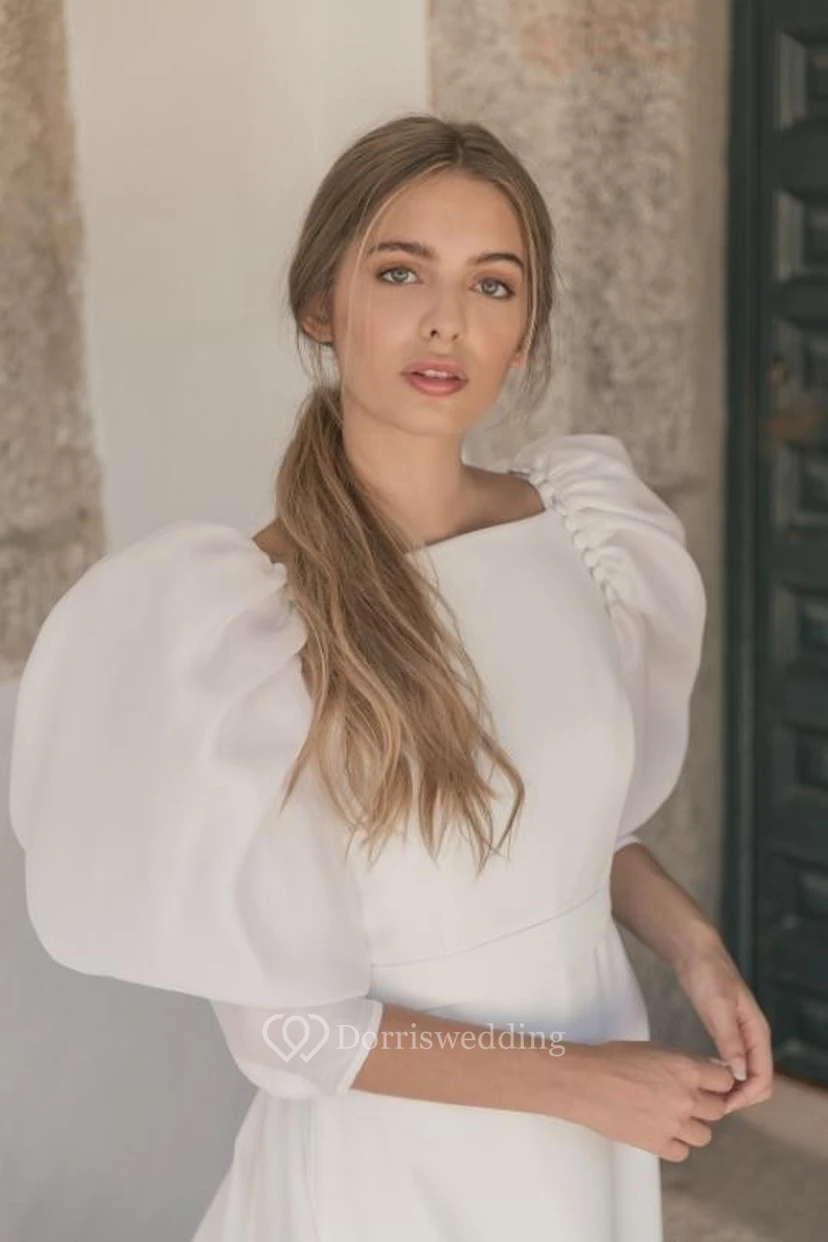 Elegantes, transparentes Chiffon-Etui-Brautkleid mit Puffärmeln, U-Boot-Ausschnitt und Schleppe view 2