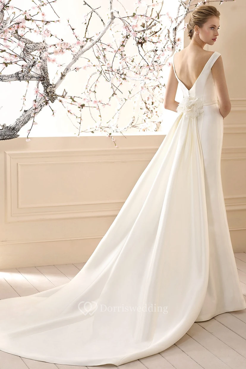 Sheath V-Neck Floral Maxi Satin Wedding Dress view 2