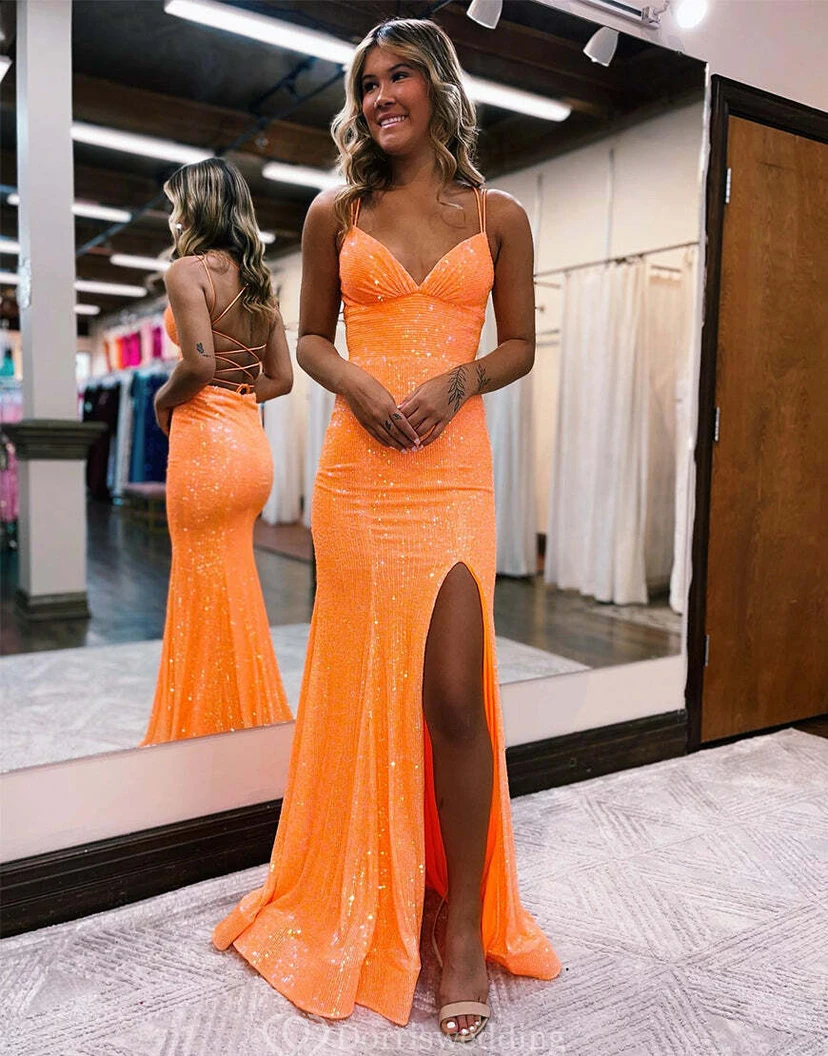 Robe longue à sequins orange fluo éclatante, bretelles spaghetti et fente jusqu'à la cuisse