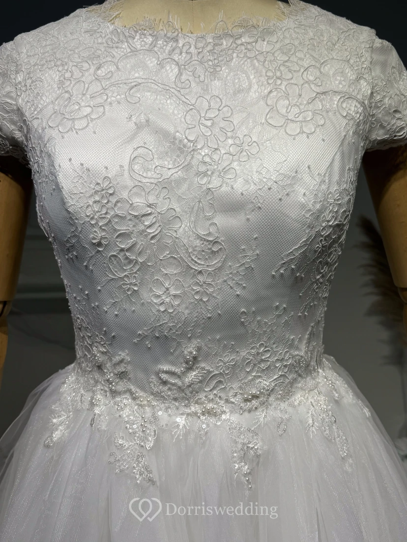 Modest Cap Scoop A-line Country Lace A-line Wedding Gown view 3
