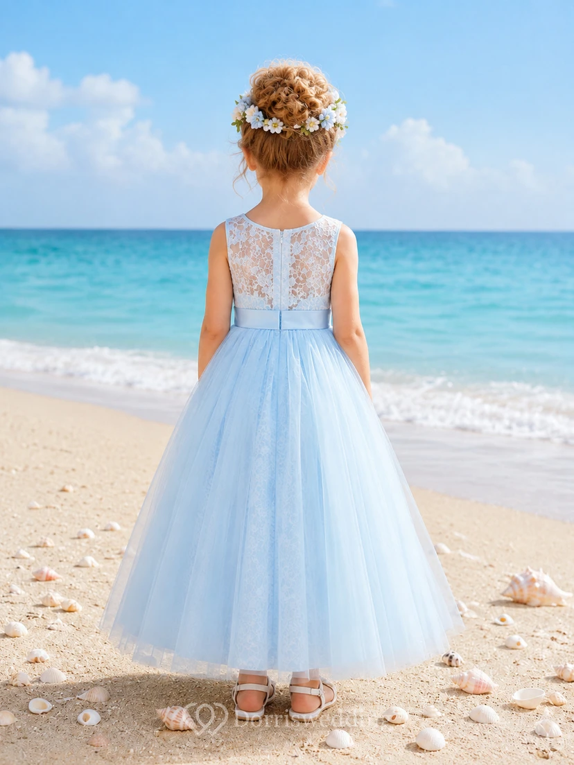 Blue Tulle A-Line Flower Girl Dress with Short Sleeves, Jewel Neck and Tea-Length Skirt view 2