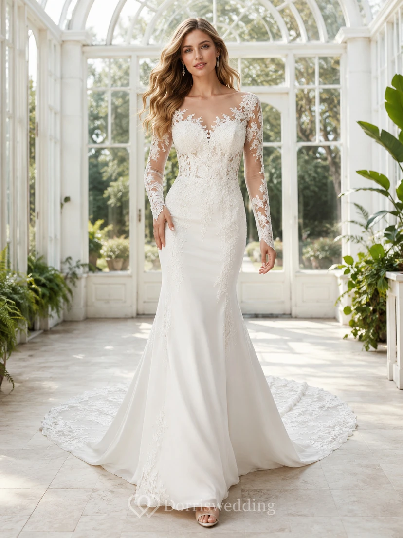 Robe de mariée sirène élégante en satin et dentelle, col bateau et manches longues transparentes, longueur au sol