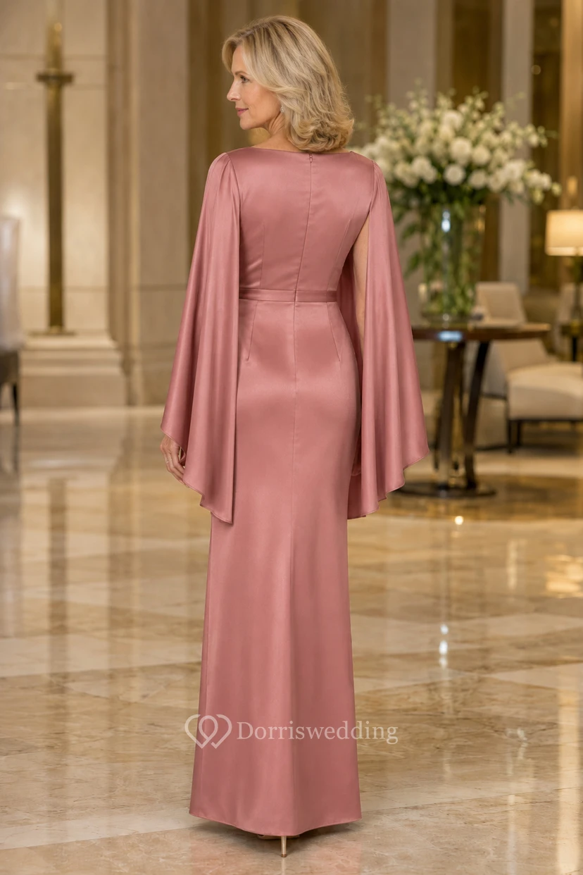 Mutterkleid aus altrosafarbenem Satin mit Cape-Ärmeln view 2