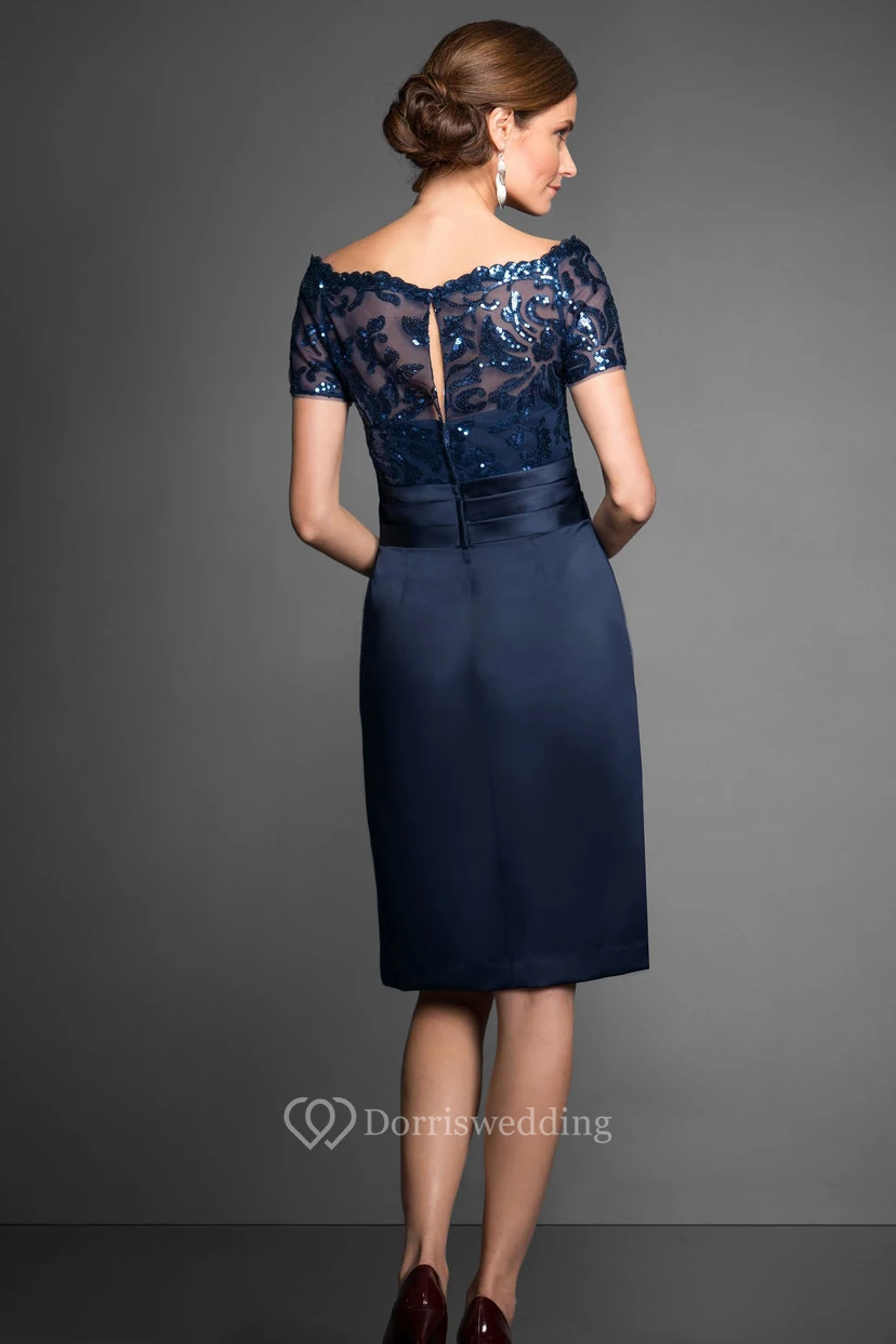 Short-Sleeved Knee-Length Mother Of The Bride Dress With Sequins And Illusion Style view 3