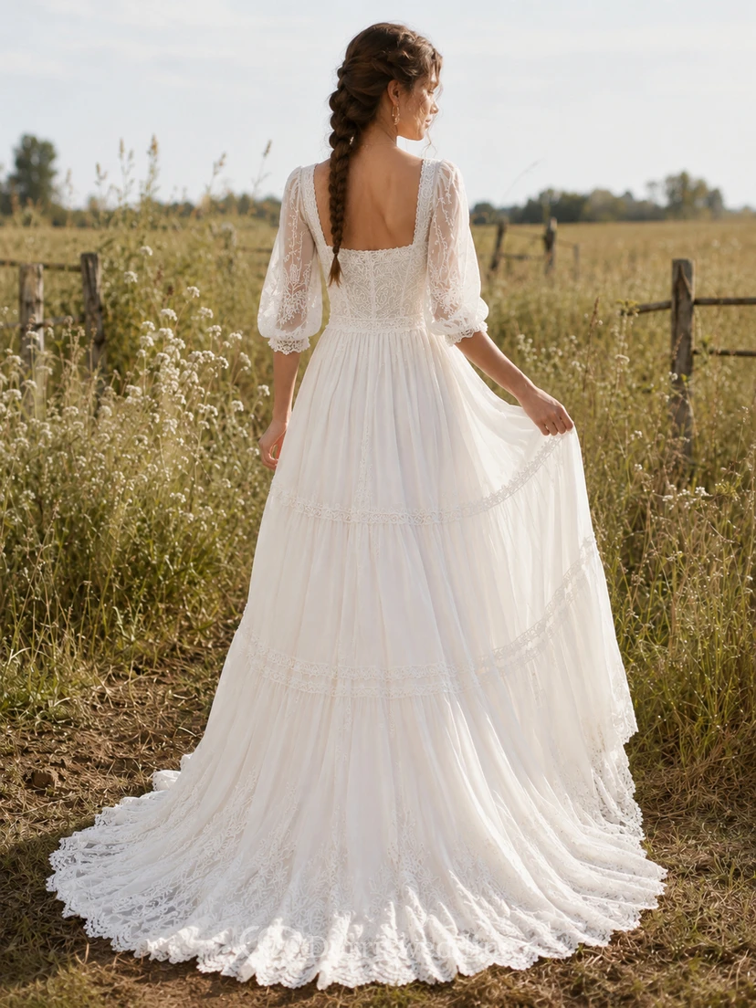 Boho Square Neck Puff Sleeve Tiered Meadow Bridal Gown view 2