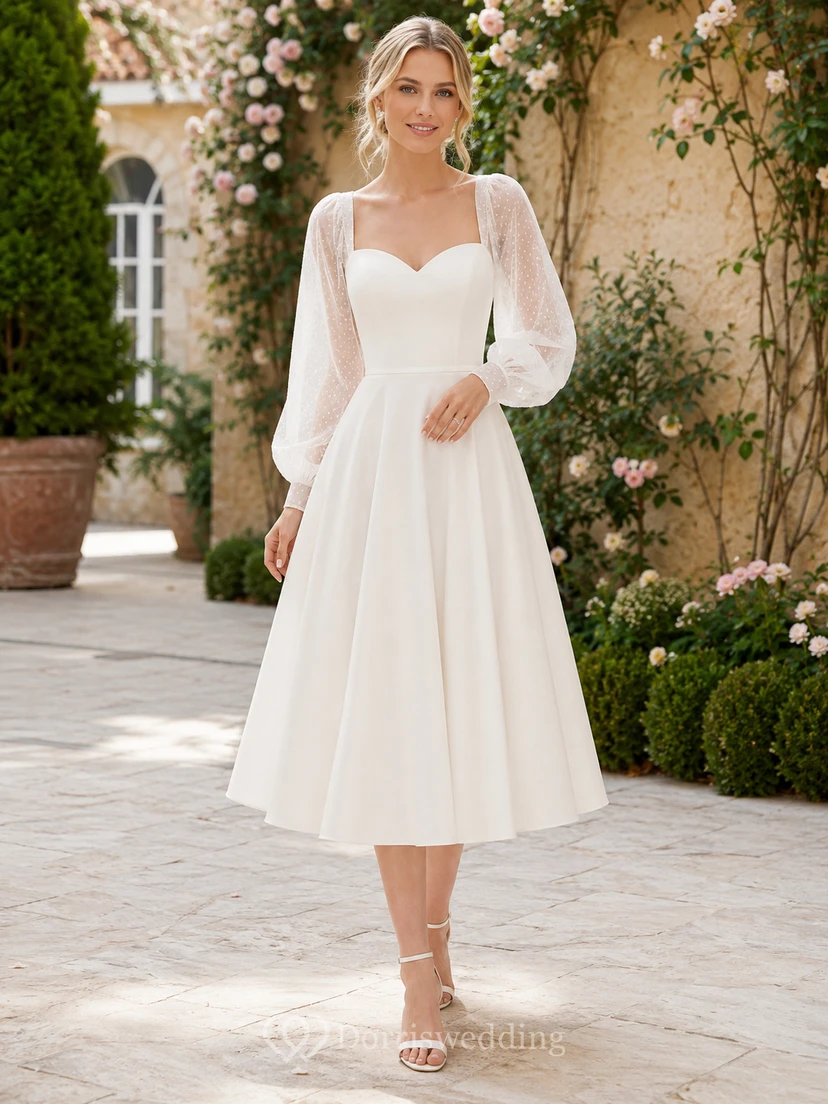 Romantic Sweetheart Sheer Bishop Sleeve Tea Length Garden Wedding Dress