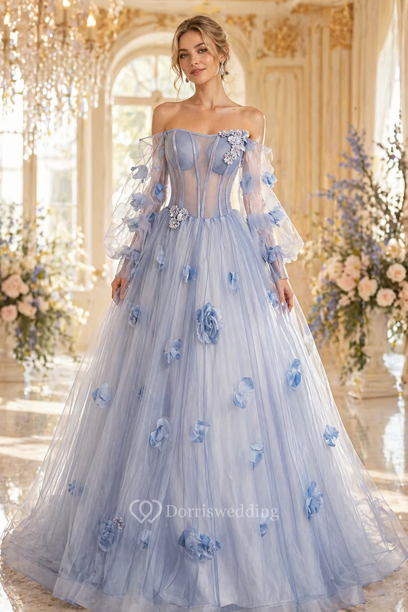 Robe de bal bustier bleu clair à fleurs