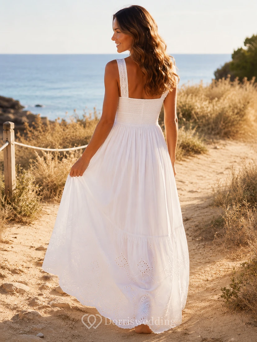 Boho Ibicenco Cotton A Line Square Neck Straps Floor Wedding Dress view 2