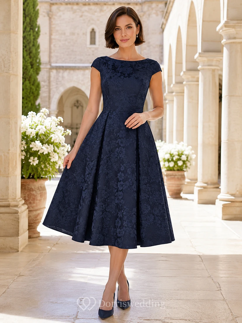 Chapel Dark Navy Bateau Lace Jacquard A-Line Tea-Length Cap Sleeve Dress
