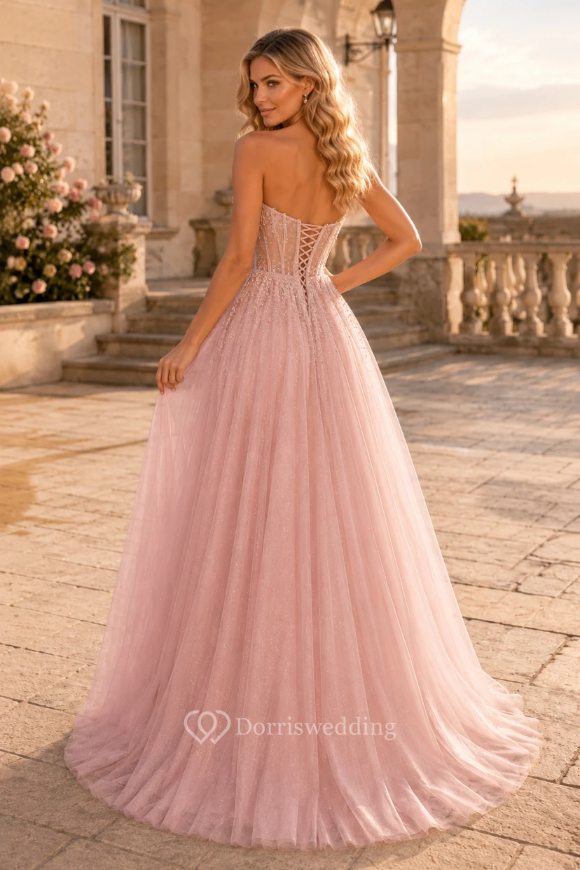 Prom Dress Blush Tulle A-Line Sweetheart Sleeveless Beaded Floor Length view 2