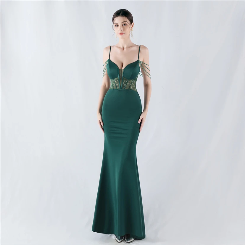 Vestido de noche con cintura de espiga, bordado de diamantes de imitación, ideal para banquetes y presentaciones. view 22