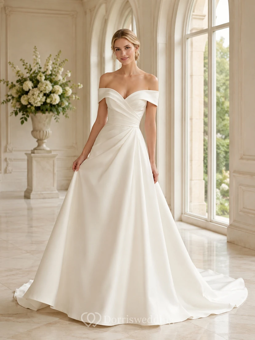 Robe de mariée romantique simple en satin, épaules dénudées, coupe trapèze et traîne chapelle