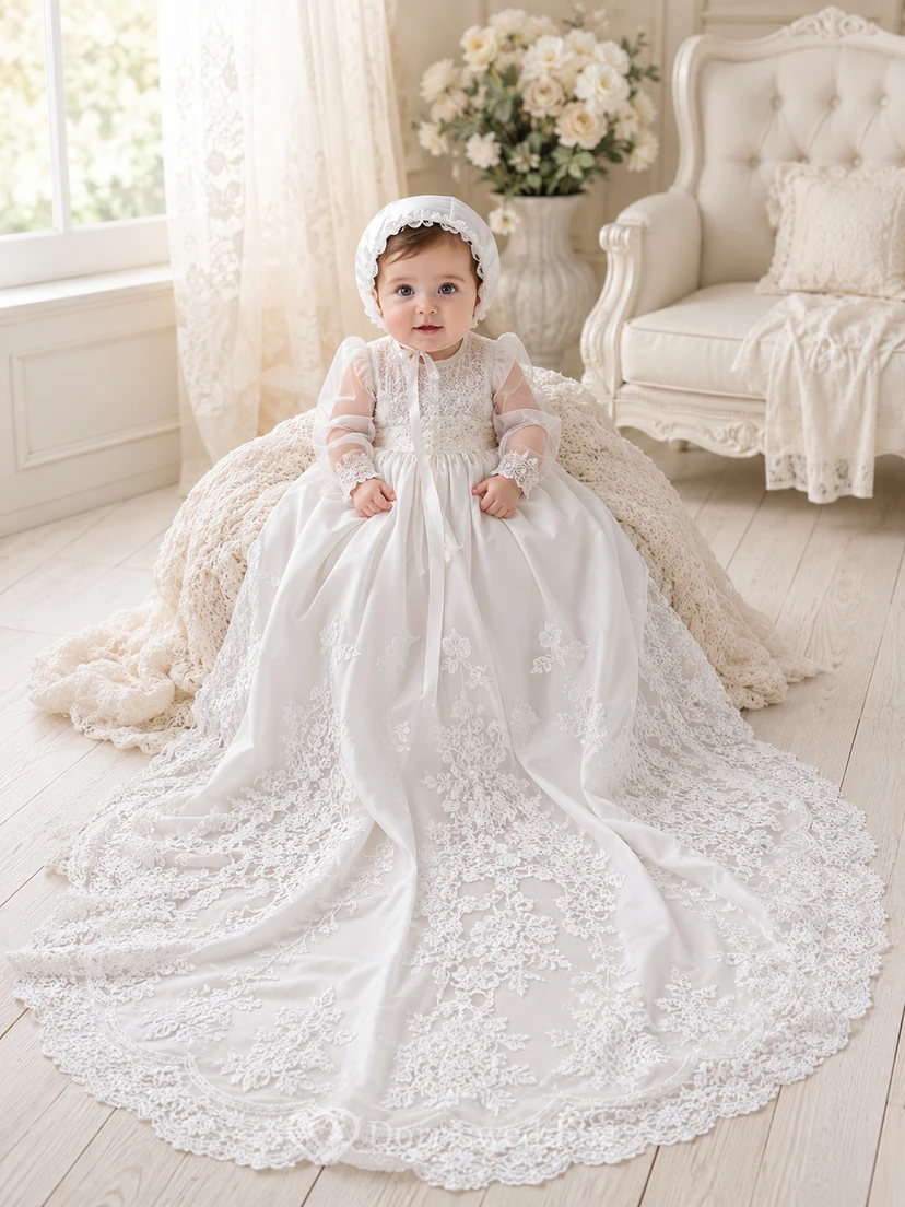 Luxury Modest Baby Baptism Christening Ceremony Gown Ball Gown Floor-Length Chapel Train Jewel Neck Long Sleeve Tulle Lace Button Back
