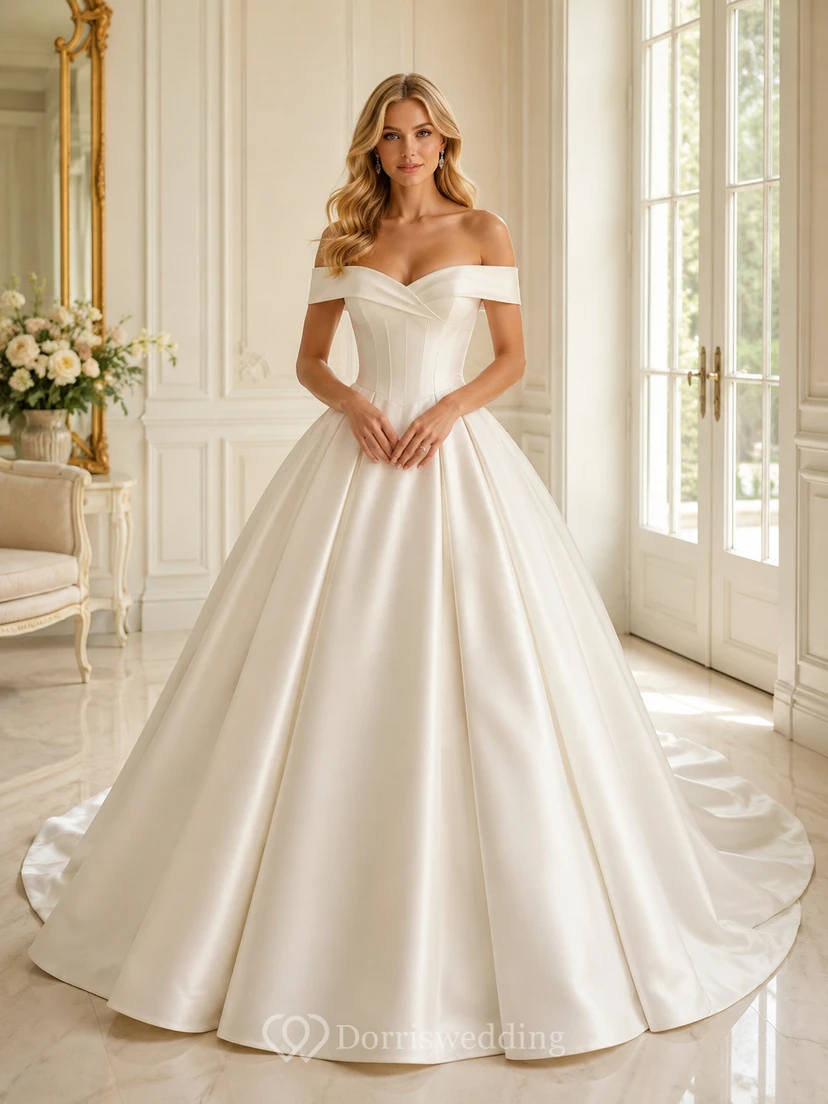 Robe de mariée minimaliste en satin, robe de bal à épaules dénudées et traîne.