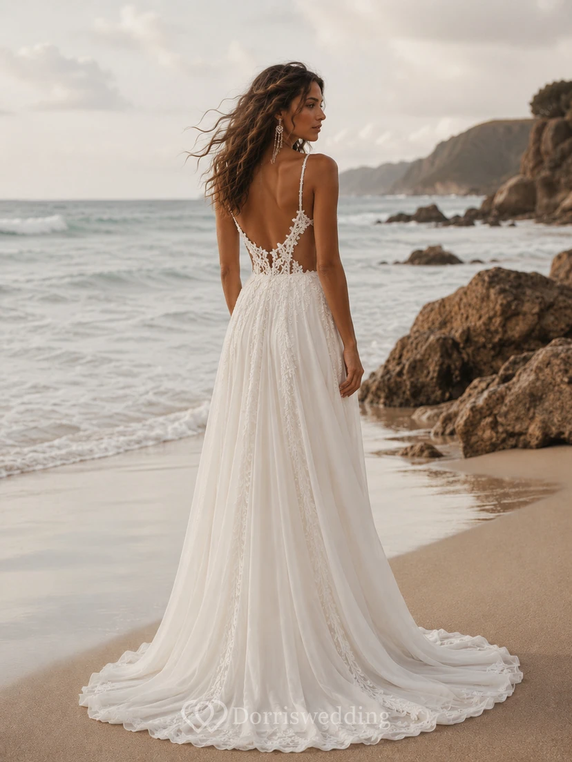 Boho Sexy Beach Wedding Dress with Spaghetti Straps, Sheer Lace Bodice, High Slit & Soft Chiffon Skirt view 2