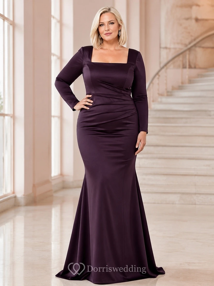 Sexy Plum Velvet Mermaid Floor-Length Square Neck Long Sleeve Evening Dress