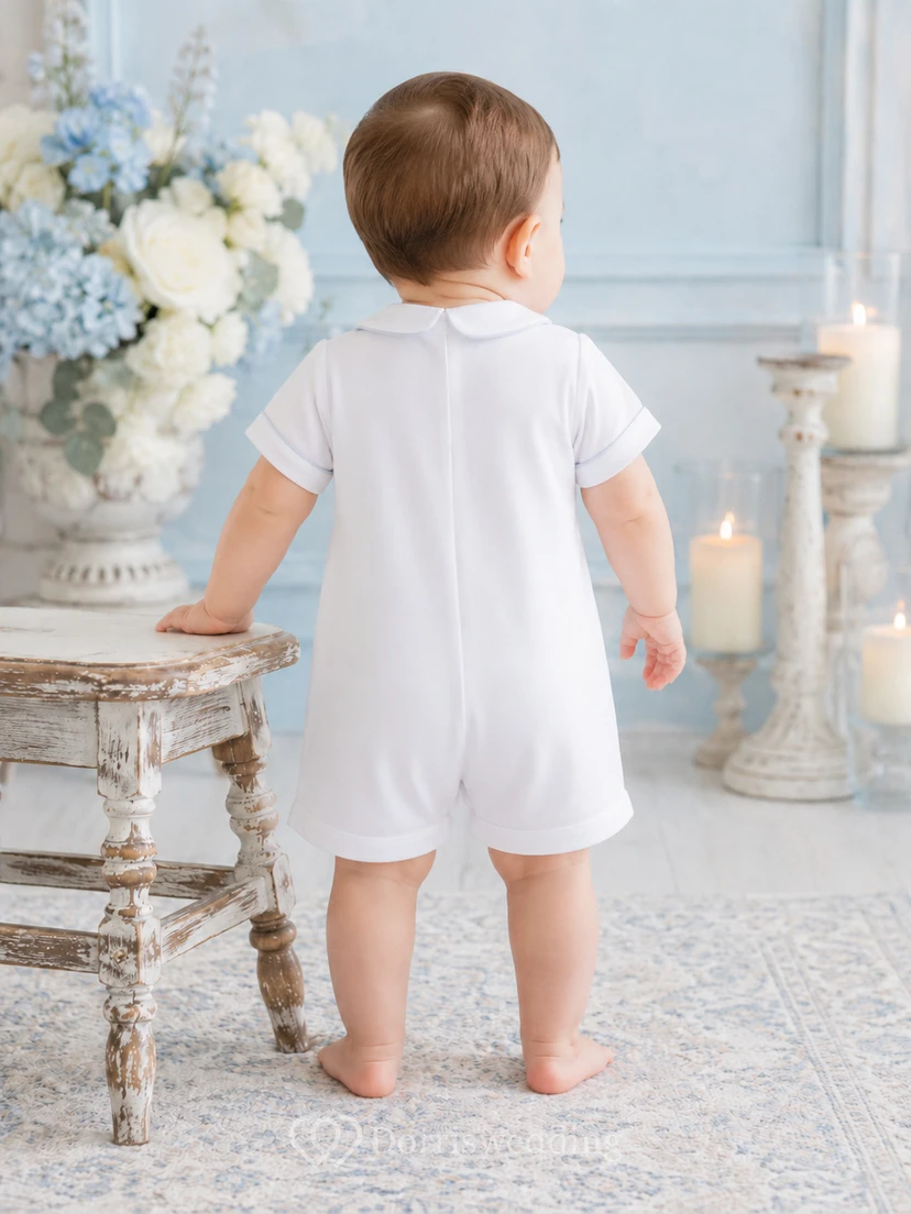 White Pintuck Bib Sailor Collar Short Sleeve Christening Romper for Baby Boy view 2