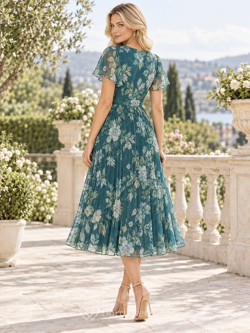 Pfauenblaues, türkisfarbenes, geblümtes A-Linien-Kleid mit V-Ausschnitt, kurzen Ärmeln und Falten view 2