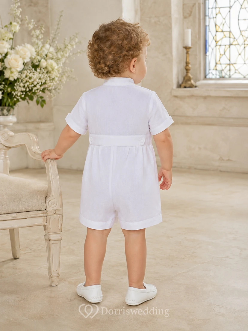 White Mandarin Collar Pintuck Short Sleeve Baptism Romper for Baby Boy view 2