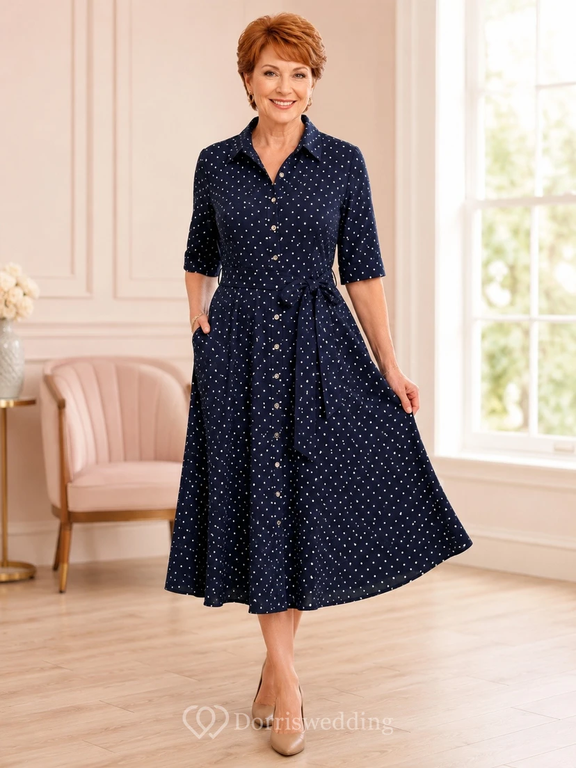 Dark Navy Polka-Dot Chiffon V-Neck Three-Quarter-Sleeve Midi Dress