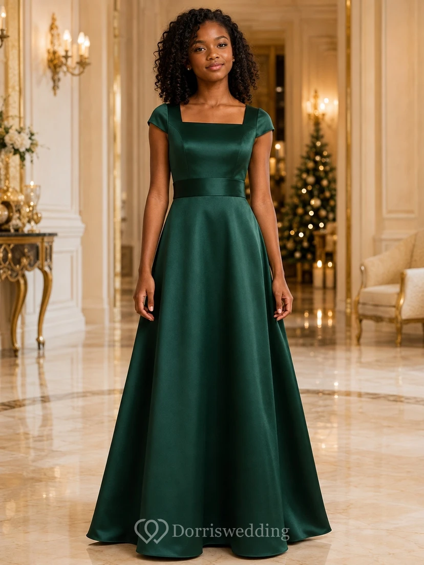 Dunkelgrünes Brautjungfernkleid für junge Mädchen, A-Linie, eckig, kurze Flügelärmel, elegant, aus Satin
