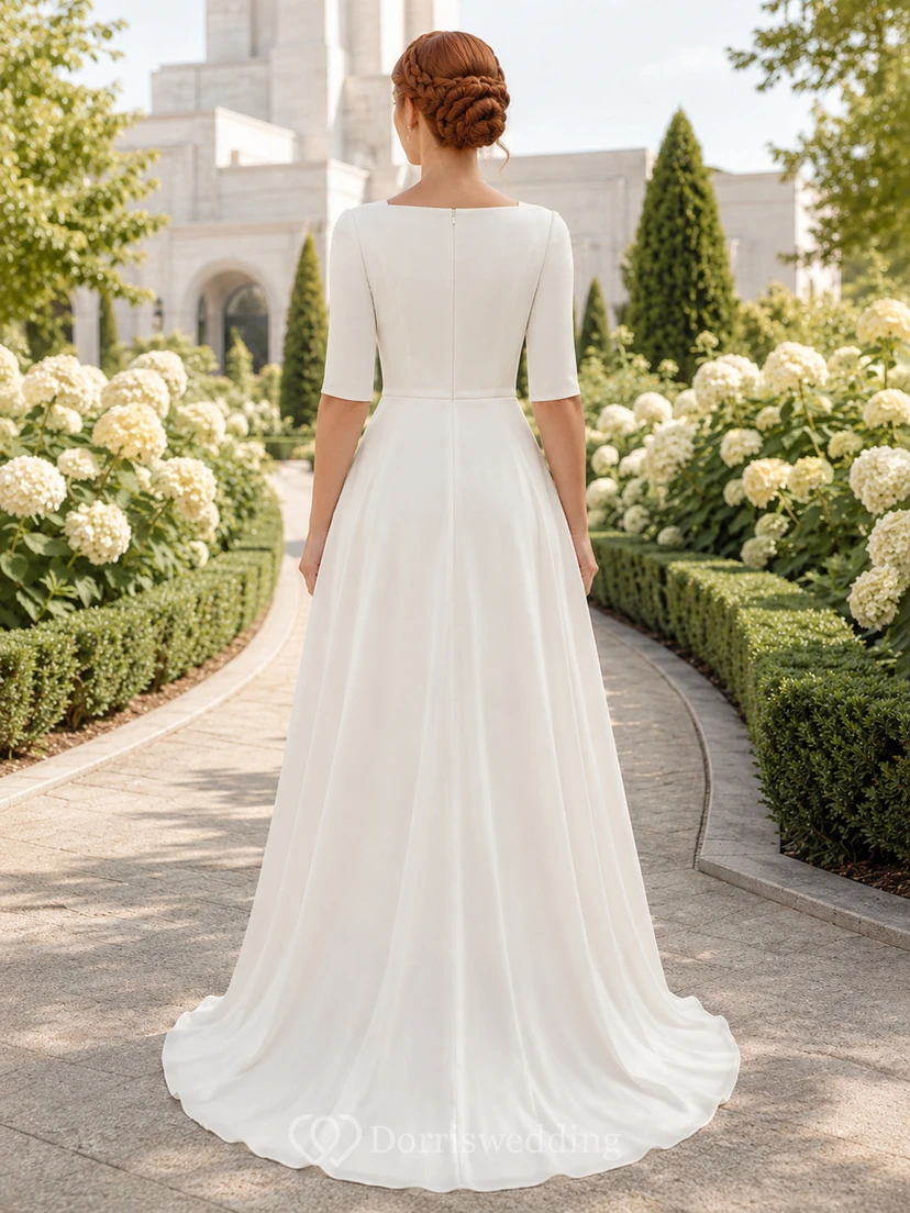 Vestido de novia modesto de corte A con mangas cortas, estilo templo de jardín. view 2