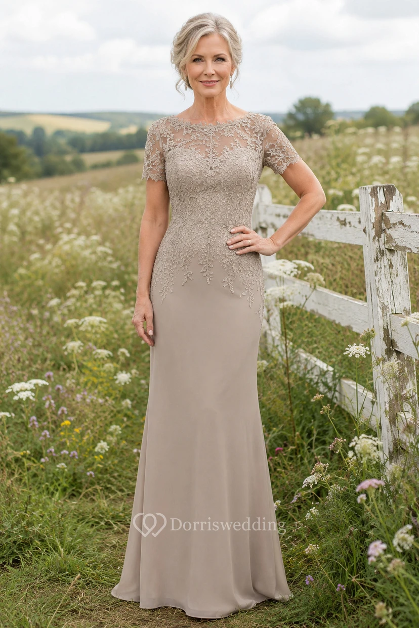 Taupe Bateau Sequined Lace Sheath Mother Dress