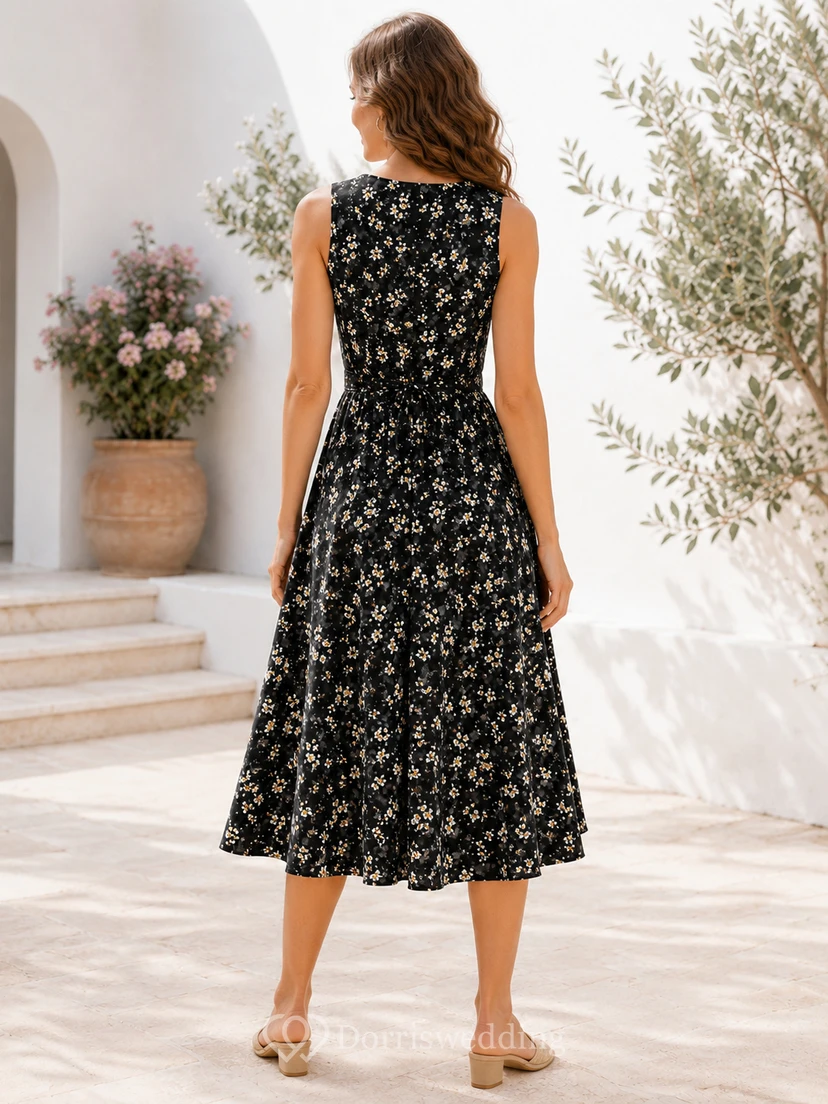 Coral Floral Sleeveless V Neck Cotton Barbecue Midi Dress view 4