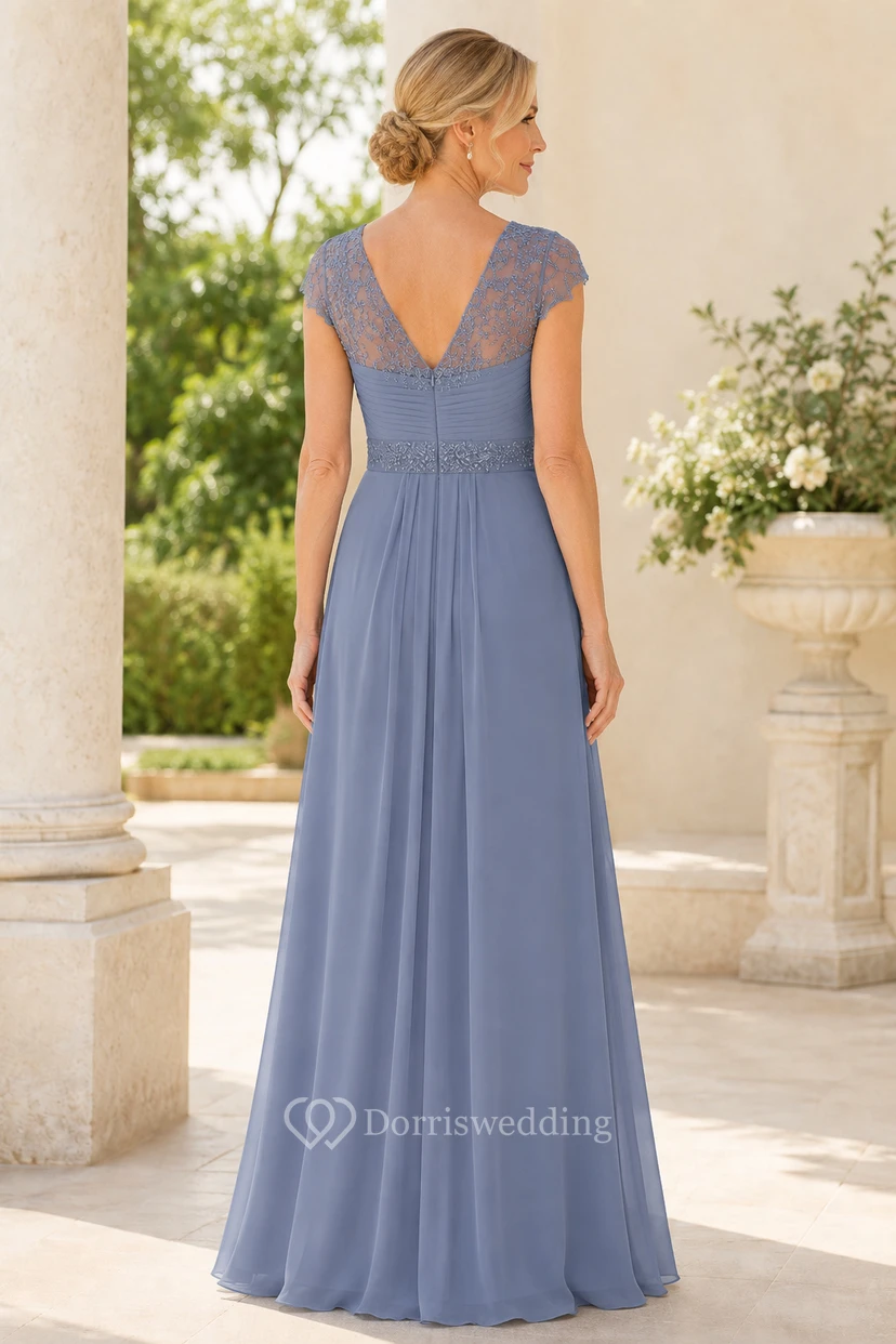 Vestido de gasa azul acero con escote en V, corte en A y mangas cortas de encaje para madres. view 2