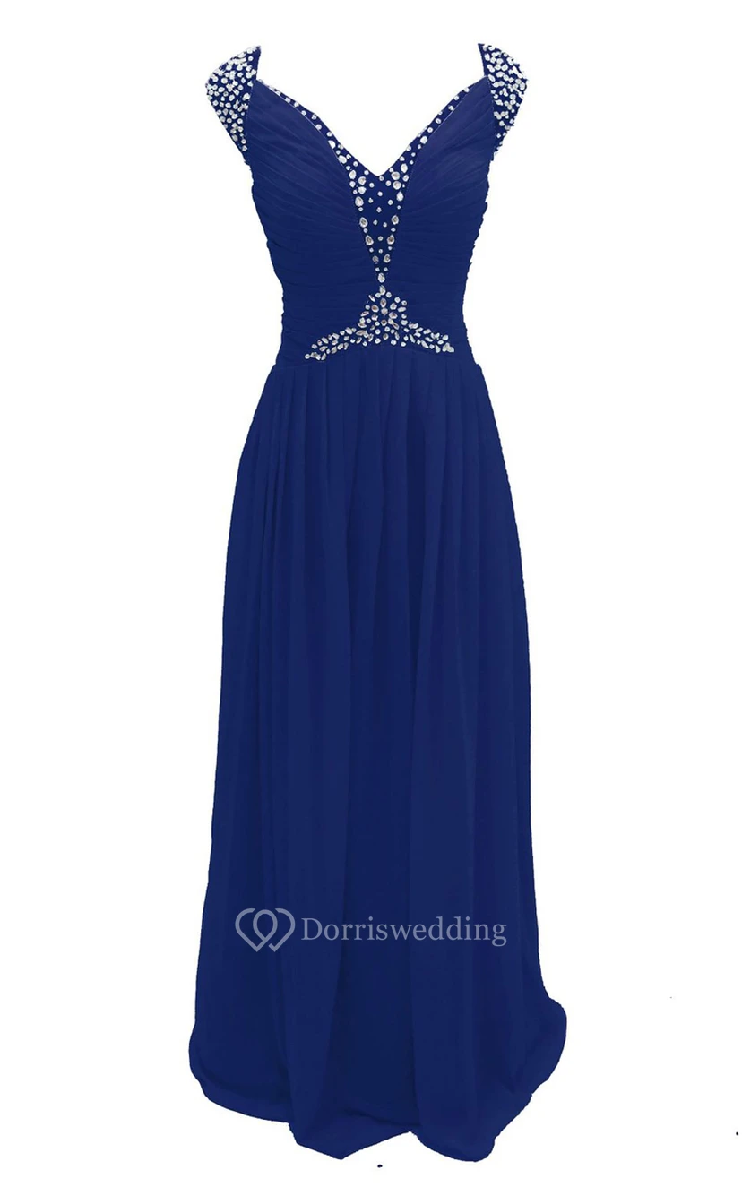 Cap-sleeve V-neck Chiffon A-line Gown With Crystal Detail view 6